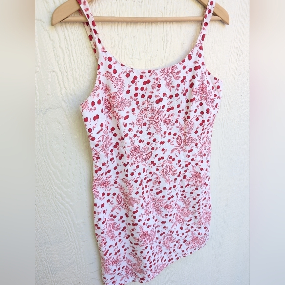 Vintage Y2K 90s David Wayne Red White 100% Cotton Floral Cherries Sun Dress 8 - Picture 2 of 6